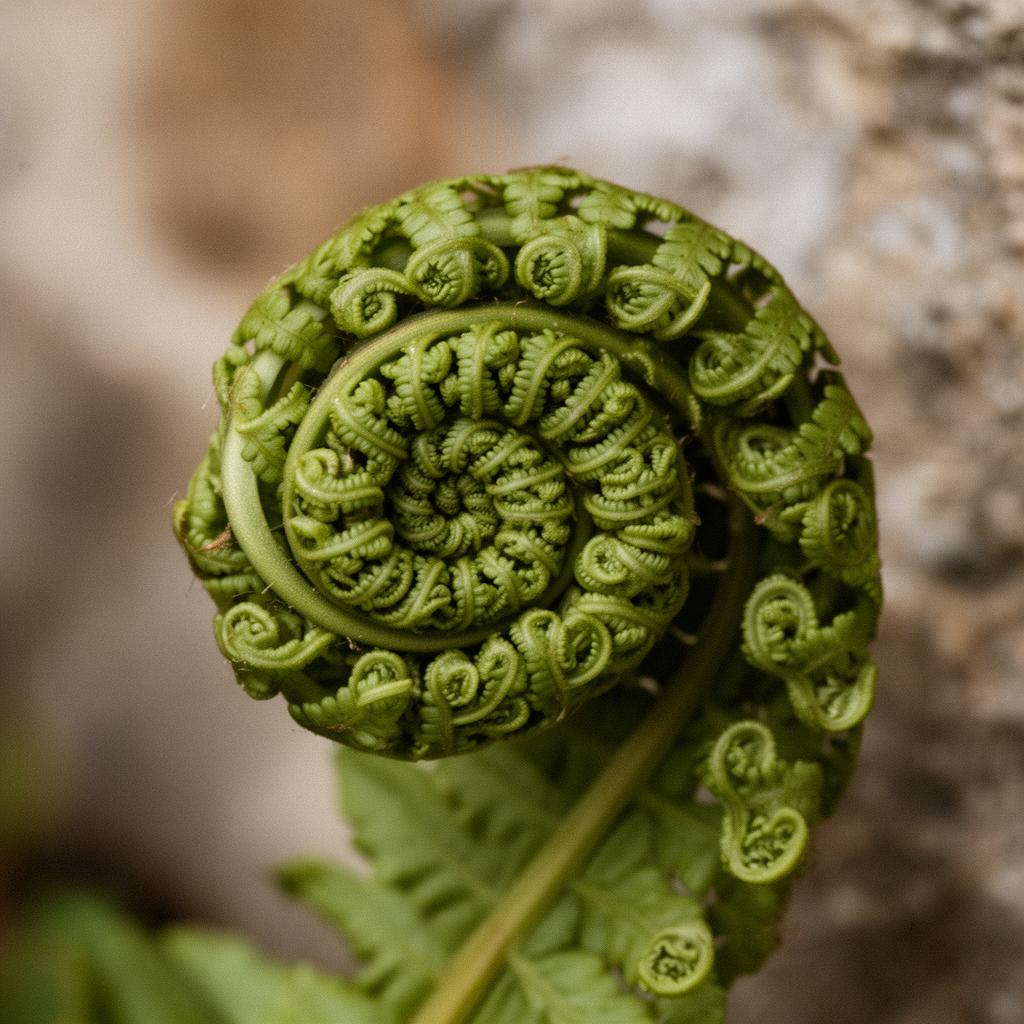 An unfurling fern frond showing a fractal spiral